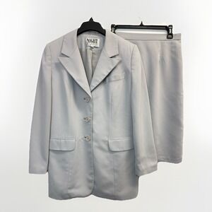 NIGHT STUDIO 2 Piece Skirt Suit Women's Sz 10 Grey Pinstripe Blazer Jacket Lined